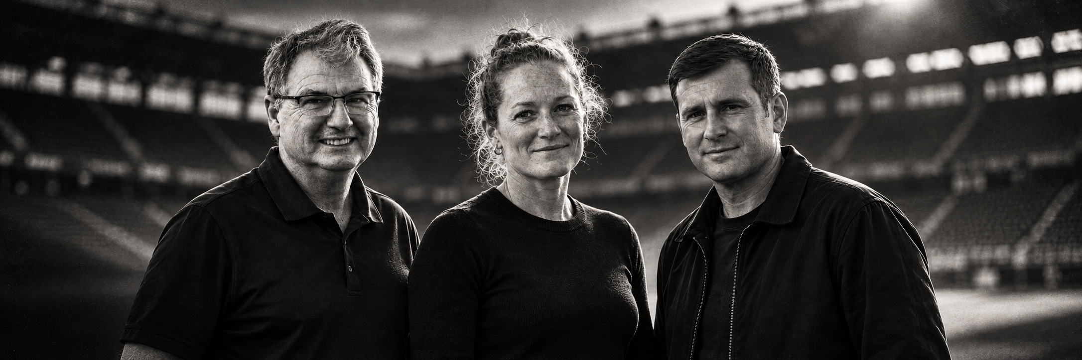AI-generated portrait of Huw Williams, Kristen Hamilton and Bill Predmore in a stadium